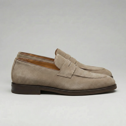 Bellaro | Men’s Beige Suede Penny Loafers