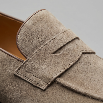 Bellaro | Men’s Beige Suede Penny Loafers