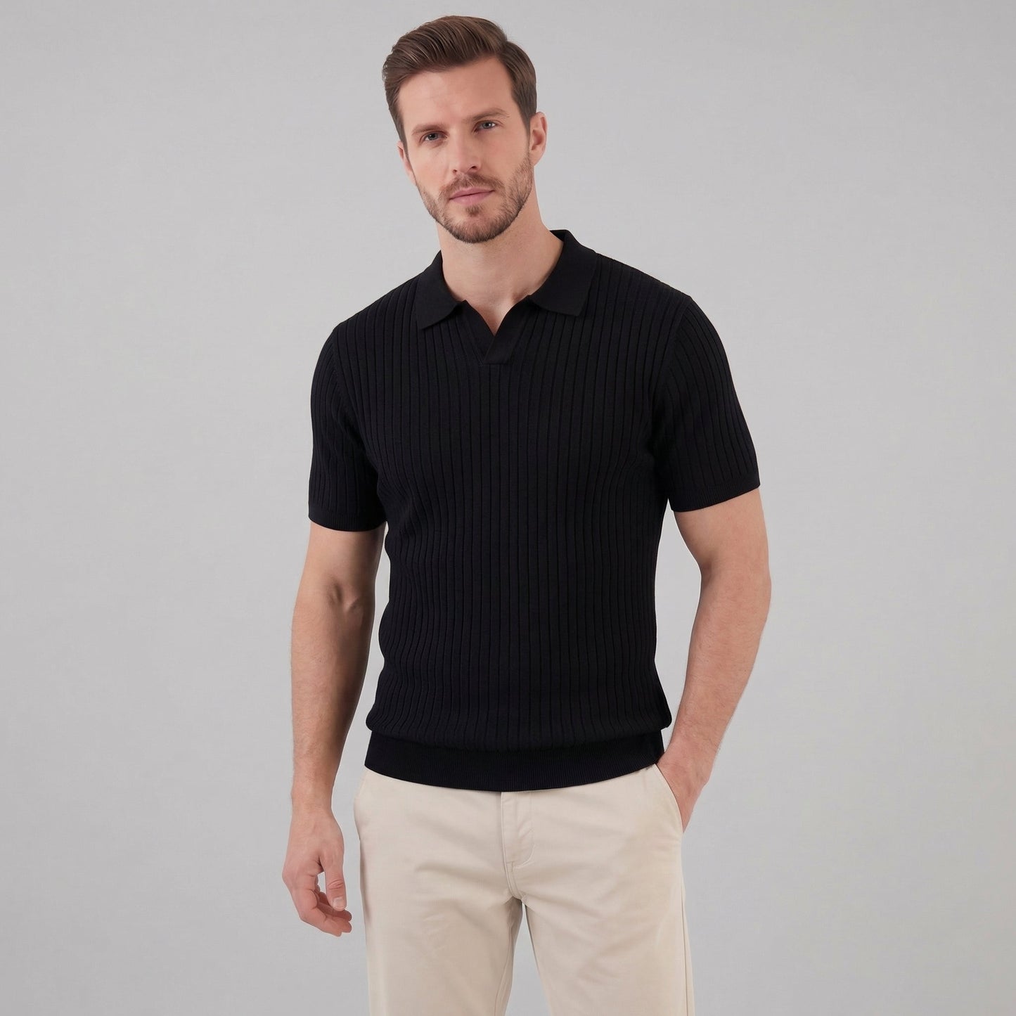 Zentaro | Men’s Ribbed V-Neck Breathable Polo Shirt