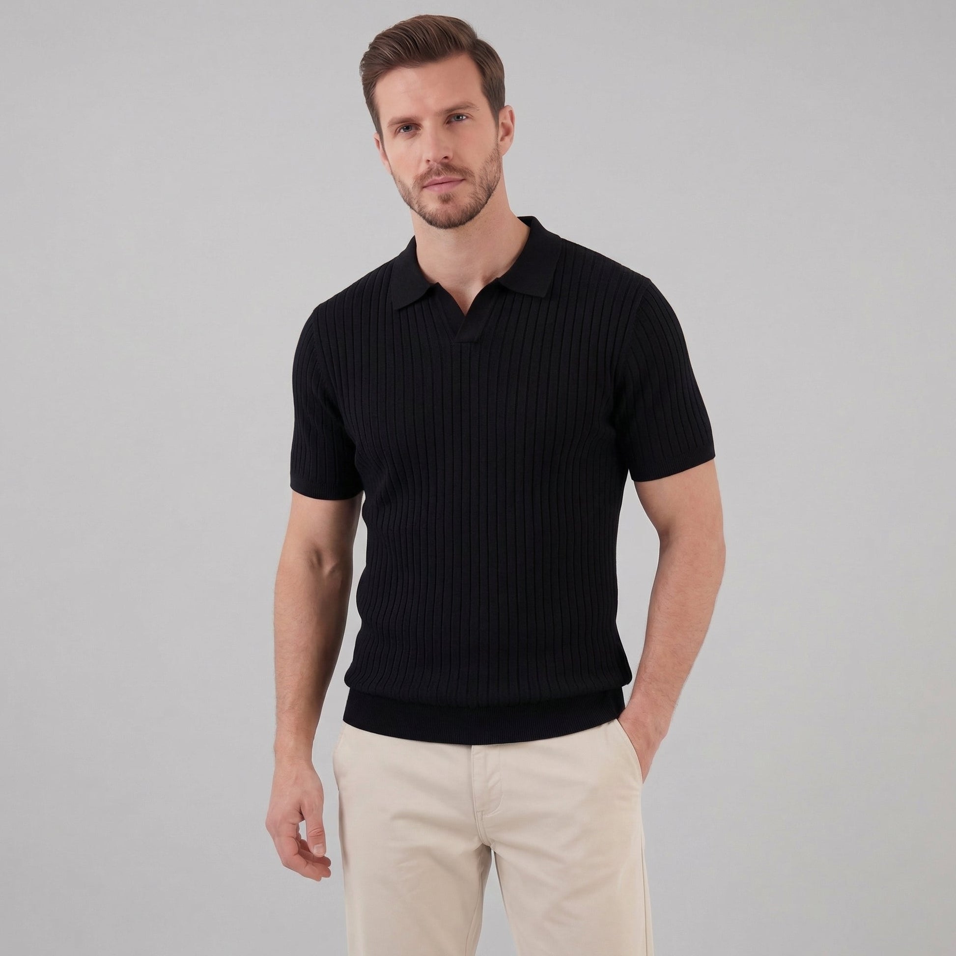 Zentaro | Men’s Ribbed V-Neck Breathable Polo Shirt